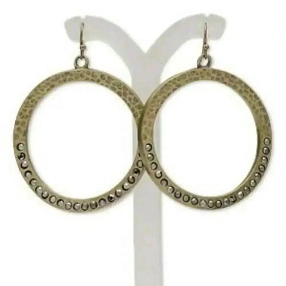 PinkDiva Jewelry - Edgy Antiqued Brass Smoke Rhinestones Hammered Round Hoop Earrings